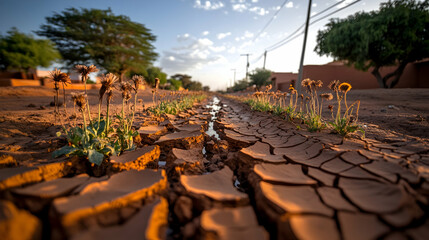 Wall Mural - Dry cracked earth road with plants and water.