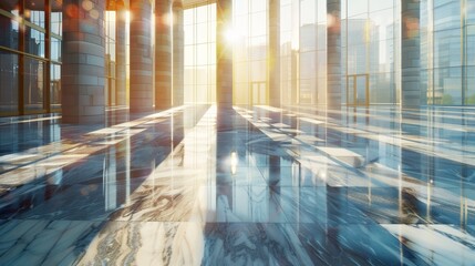 Wall Mural - Sunlight streaming through skyscraper atrium creates dynamic shadows on marble floor