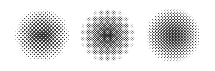 Abstract halftone circles set. Pop art comic dotted Texture circle. Black Dots gradient isolated on white. Monochrome illustration. Geometric round shapes. Half tone effect
