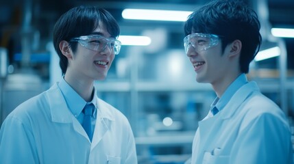 In a modern laboratory, two young scientists smile and chat while wearing goggles and lab coats