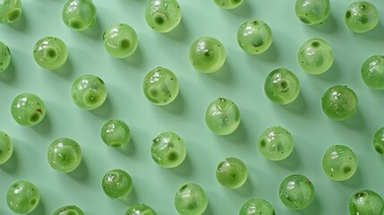 Wall Mural -   A wall with numerous green objects on a light-colored background, featuring water droplets
