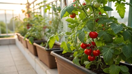 Wall Mural - Tomatoes Growing in Pots Containers on Balcony, Gardening and Homegrown Vegetables