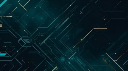 Modern digital technology pattern featuring geometric circuit designs in turquoise and gold. Abstract network connections on dark background ideal for tech, AI, and innovation concepts.