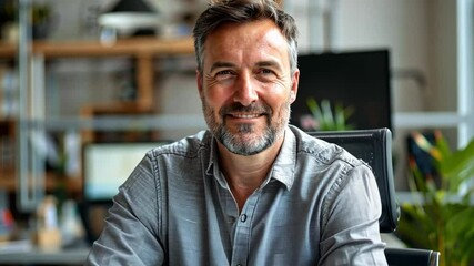 Poster - A confident man with a beard sits in a modern office environment. He smiles warmly, wearing a light shirt, with greenery in the background, suggesting a creative workspace.