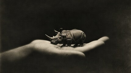 Wall Mural -  Monochrome image of rhino in hand