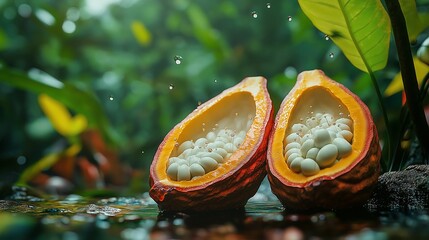 Canvas Print - cacao pod with its vibrant colors, sliced open to reveal the white pulp and beans inside, with droplets of water glistening on the surface and a jungle background