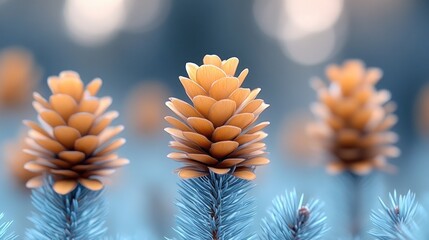 Canvas Print - Three orange pine cones on blue branches.