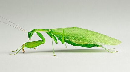 Wall Mural -   Close-up photo of praying mantis on white background with long string attached to head