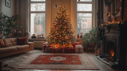 Wall Mural - Christmas tree with presents underneath, twinkling lights and ornaments, warm living room setting, cozy holiday spirit