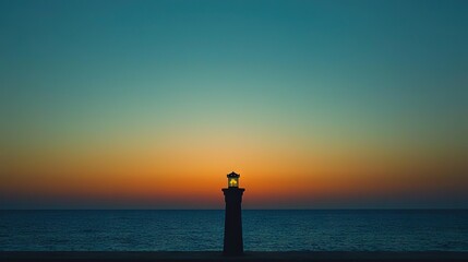 Wall Mural -   A tower with a beacon on top stands by a calm sea as the sun dips below the horizon, painting the sky