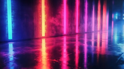 Wall Mural - Neon color reflections, glowing lights on a reflective surface, vibrant and electric atmosphere, modern abstract feel