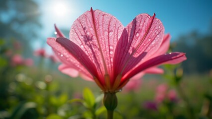 Wall Mural - Closeup Dewy Pink Flower Sunlight Bloom Nature