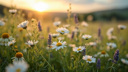 Wall Mural - Golden Hour Daisies Meadow Sunset Bloom Field