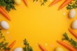 © evgenia_lo - Easter decorations showcase vibrant carrots, eggs, and confetti creating a cheerful spring vibe. Easter banner with copyspace, greeting card
