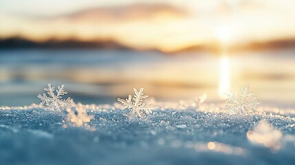 Wall Mural -   A cluster of snowflakes resting atop a snow-covered land adjacent to a tranquil water body with a stunning sunset backdrop