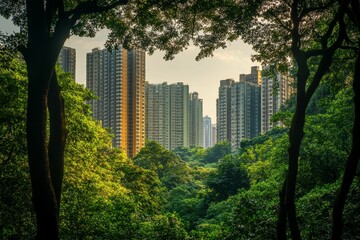 Wall Mural - Lush green canopy frames towering apartment buildings.