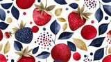   A zoomed-in image of strawberries and berries against a white backdrop, featuring blue, red, and gold foliage