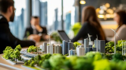 Wall Mural - The foreground shows investors and technicians, who are out of focus, talking about wind turbine power generation, with the wind turbine farm providing an alternative electricity source for business