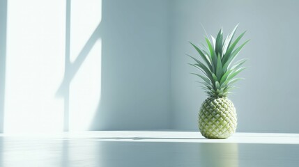 Wall Mural - Pineapple with spiky green leaves, standing upright on a clean white surface, soft natural lighting highlights its texture, minimalistic background,