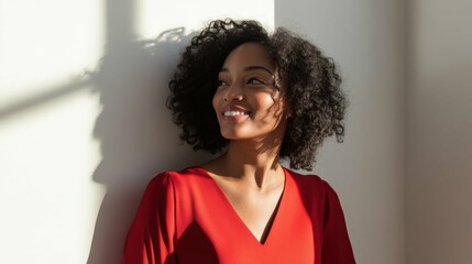 Wall Mural - Smiling African American woman with curly hair, wearing a red dress, standing in a sunlit room with white walls, looking out of a window, soft shadows, daily light, minimalistic style