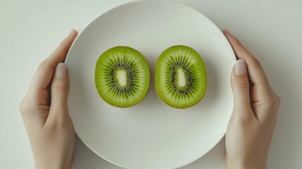 Wall Mural - Kiwi sliced in half with visible green pulp and seeds, placed on a plain white plate under natural light, clean and modern look,