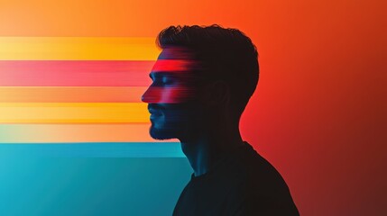 Stylish double exposure effect with a man's portrait and colorful gradient lines, futuristic modern design, sharp minimalistic presentation,