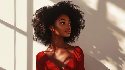 Wall Mural - Smiling African American woman with curly hair, wearing a red dress, standing in a sunlit room with white walls, looking out of a window, soft shadows, daily light, minimalistic style