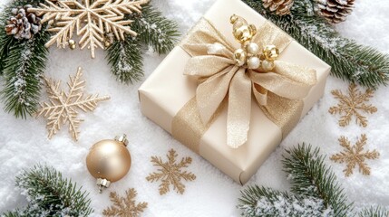 Sticker - A festively adorned gift box, tied with a golden ribbon, is encircled by holiday decorations such as golden ornaments, snowflakes, and evergreen branches, evoking a joyful holiday ambiance