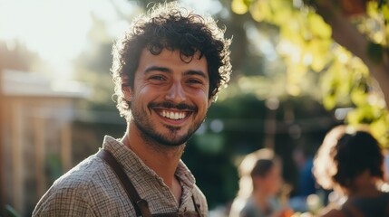 Wall Mural - Man in his late 20s with tan skin, short curly hair, and a broad smile, enjoying a barbecue party in a backyard, surrounded by friends, sunny outdoor setting