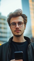 Wall Mural - Man with a trendy haircut and round glasses, holding a phone, blurred modern urban background, natural light, minimalistic tech style