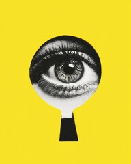 secrets concealed. a focused female gaze through a keyhole framed by a yellow background. a contempo
