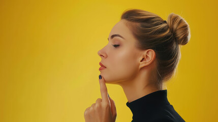 Wall Mural - A stunning girl poses with her thumb up, showcasing a carefree vibe against a bright yellow backdrop.