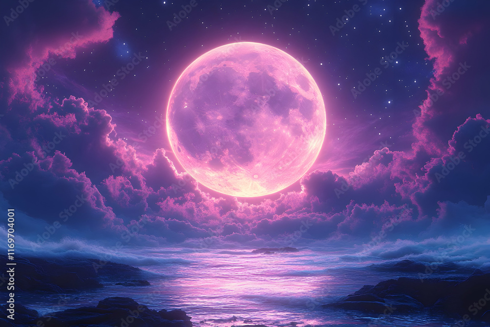 Pink full moon rising over calm ocean, surrounded by purple clouds and ...
