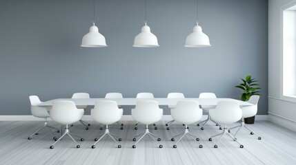 Wall Mural - A modern conference room featuring a spacious table, stylish chairs, and greenery, highlighted by a large window.