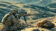 © Kitta Studio - Soldier with sniper rifle aiming from a mountain ridge landscape