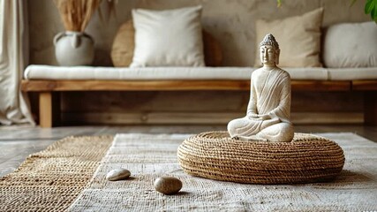 Aufkleber - A peaceful room features a Buddha statue on a woven mat, inviting relaxation. Soft textures and natural elements create a soothing atmosphere perfect for meditation practice.