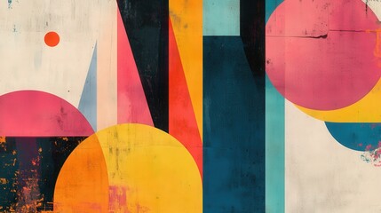 Wall Mural - Vintage collage style poster with colorful layers, retro typography, and abstract overlays, artistic minimalistic design,