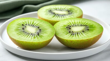 Wall Mural - Kiwi sliced in half with visible green pulp and seeds, placed on a plain white plate under natural light, clean and modern look,