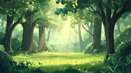 Wall Mural - Beautiful forest, tall trees, dappled sunlight offers a serene escape into the heart of nature. Dapplewood. Illustration