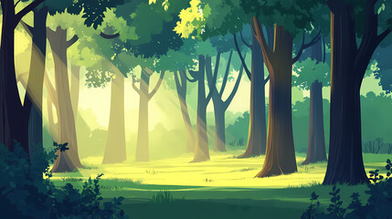 Wall Mural - Beautiful forest, tall trees, dappled sunlight offers a serene escape into the heart of nature. Dapplewood. Illustration
