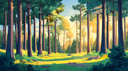 Wall Mural - Beautiful forest, tall trees, dappled sunlight offers a serene escape into the heart of nature. Dapplewood. Illustration