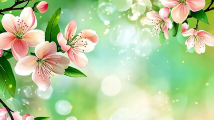 Wall Mural - Pink cherry blossom flowers bloom in a vibrant spring landscape with soft green background