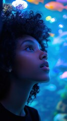 Wall Mural - Young girl with dark brown skin, curly hair, and a curious look, exploring an aquarium, colorful fish swimming in large tanks, dim indoor lighting with blue tones