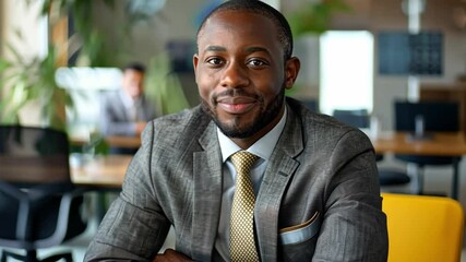 Poster - A confident man in a tailored suit sits in a bright office space, showcasing a friendly smile. Colleagues can be seen working diligently at their desks, creating an energetic atmosphere.