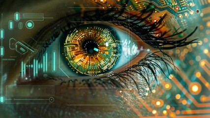 Leinwandbilder - An intricate close-up of an eye showcases vibrant colors and detailed circuitry patterns that symbolize the blend of technology and human perception. This artwork highlights AI's impact on our senses.