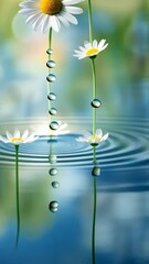 Wall Mural - Delicate water droplets cascading from daisies reflect on tranquil water surface at sunrise