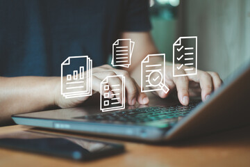 Poster - Person typing on a laptop with digital document and checklists floating above. System tool for task management, organization,  efficient workflow in a work environment. Business technology information