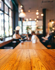 Wall Mural - Empty wooden table space platform and blurry defocused restaurant interior