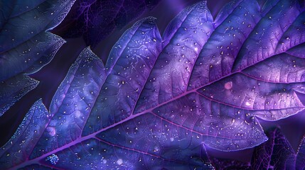 A magnified cannabis leaf bathed in vivid purple illumination, highlighting modern botany research and artistic exploration.