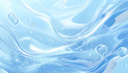 Wall Mural - Transparent blue water with ripples, splashes, and bubbles, capturing a summer essence for cosmetic banners